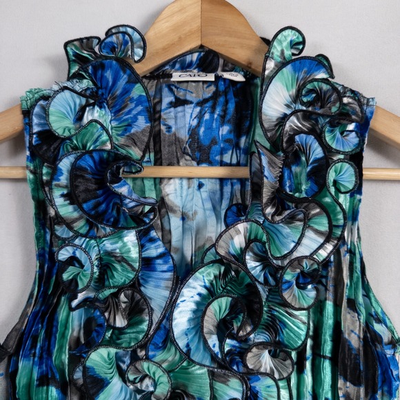 CATO Top Shirt Blouse Sz Medium Blue Green Satin Button Up Ruffles Crinkle Pleat - Picture 2 of 9